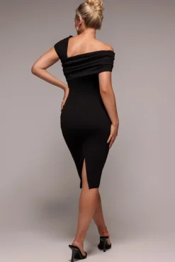 Scuba Crepe Pleated Drop Shoulder Midi Dress - Black by Goddiva