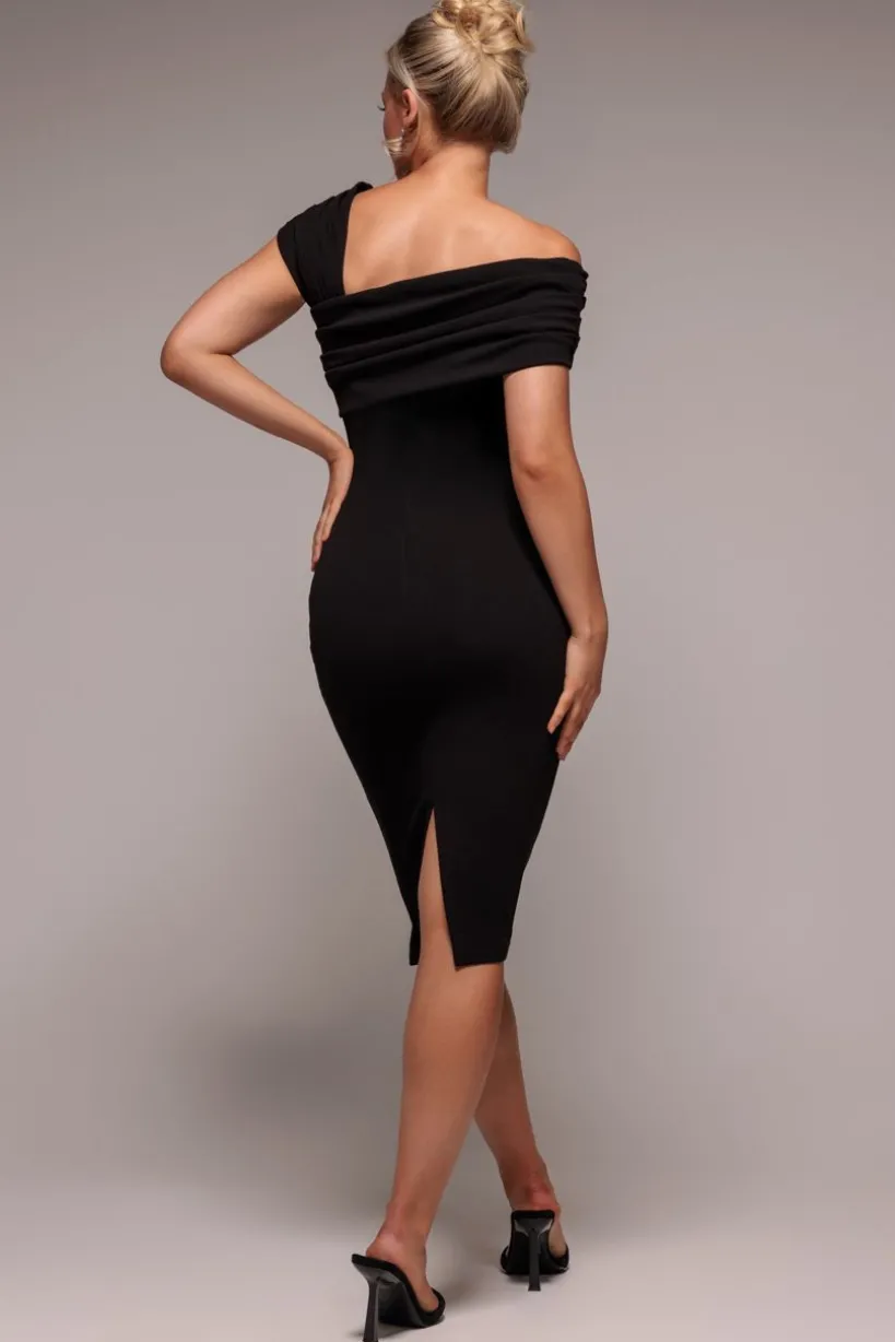 Scuba Crepe Pleated Drop Shoulder Midi Dress - Black by Goddiva