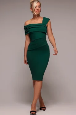 Scuba Crepe Pleated Drop Shoulder Midi Dress - Emerald Green by Goddiva