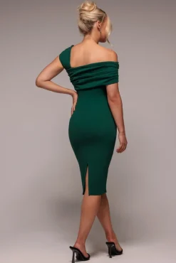 Scuba Crepe Pleated Drop Shoulder Midi Dress - Emerald Green by Goddiva
