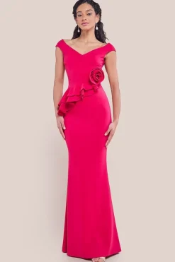 Scuba Crepe Rose Frill Maxi Dress - Magenta by Goddiva