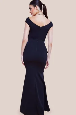 Scuba Crepe Rose Frill Maxi Dress - Black by Goddiva