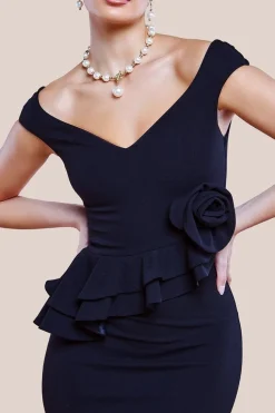 Scuba Crepe Rose Frill Maxi Dress - Black by Goddiva