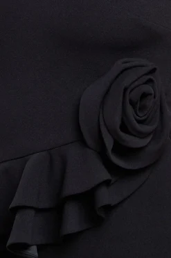 Scuba Crepe Rose Frill Midi Dress - Black by Goddiva