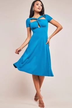 Scuba Crepe Twist Cutout Midi Dress - Teal Blue by Goddiva