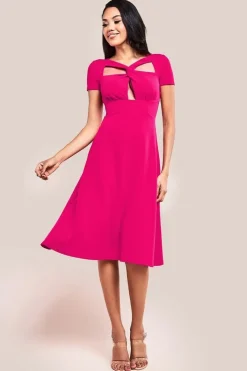 Scuba Crepe Twist Cutout Midi Dress - Hot Pink by Goddiva