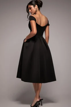 Scuba Foam Skater Midi Dress - Black by Goddiva