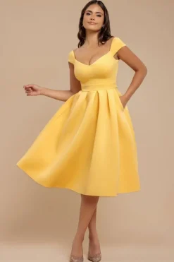 Scuba Foam Skater Midi Dress - Lemon by Goddiva