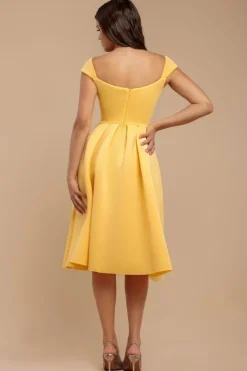 Scuba Foam Skater Midi Dress - Lemon by Goddiva