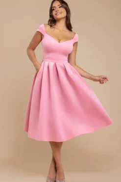 Scuba Foam Skater Midi Dress - Blush Pink by Goddiva