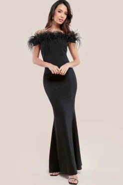 Scuba Off The Shoulder Feather Trim Maxi - Black by Goddiva