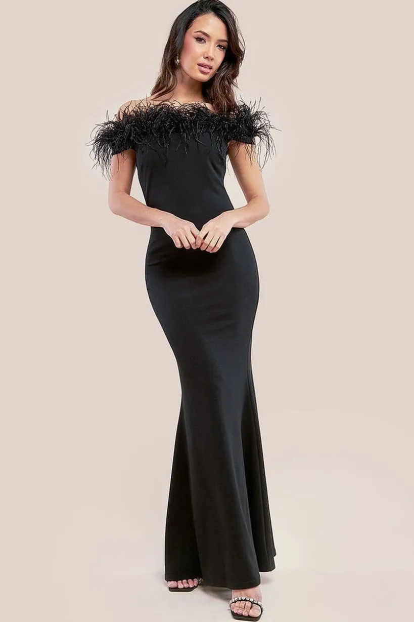 Scuba Off The Shoulder Feather Trim Maxi - Black by Goddiva