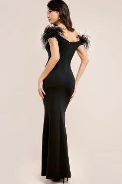 Scuba Off The Shoulder Feather Trim Maxi - Black by Goddiva