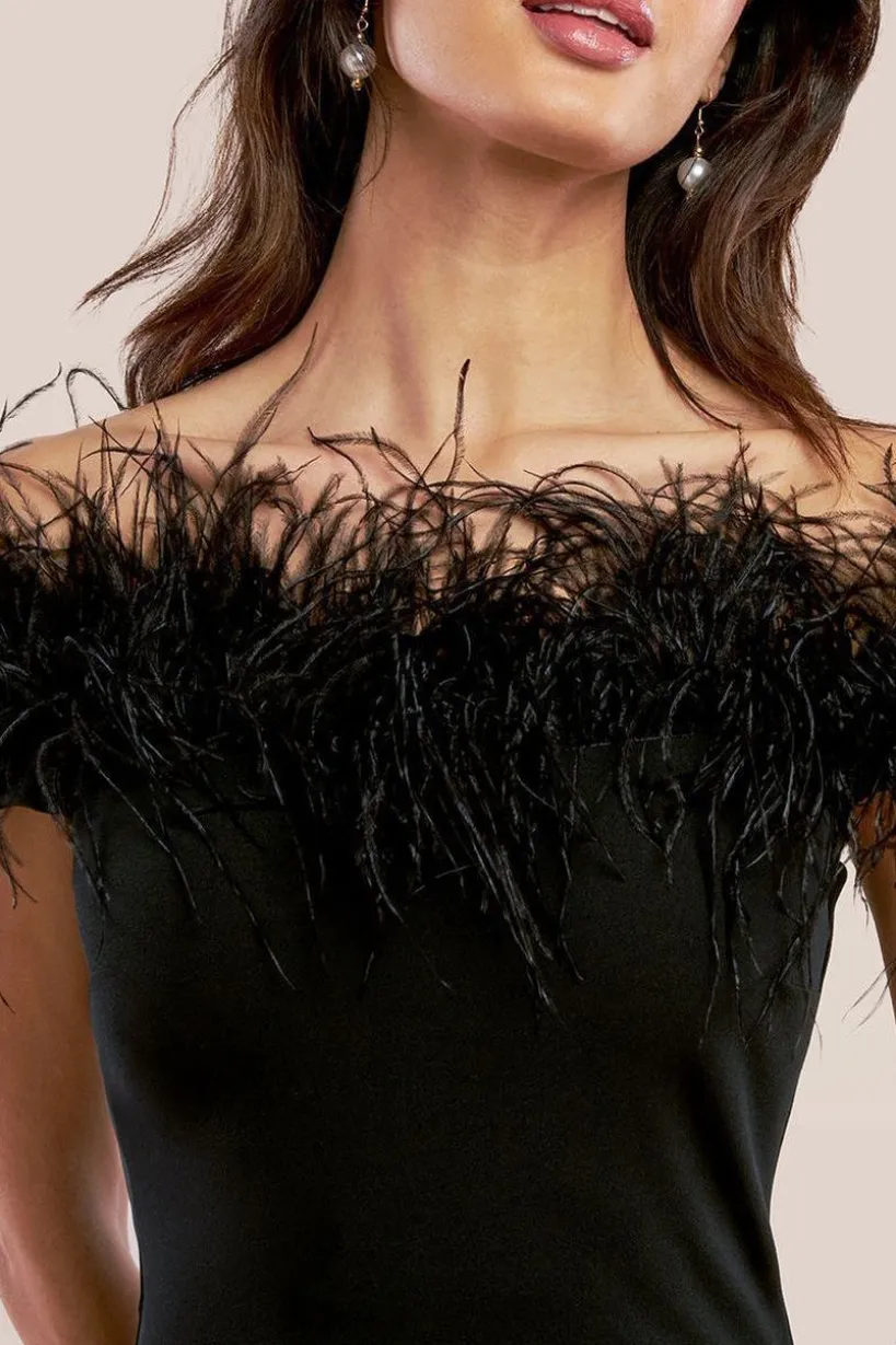 Scuba Off The Shoulder Feather Trim Maxi - Black by Goddiva