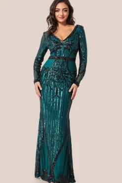 Sequin & Mesh Embroidered Maxi Dress - Emerald by Goddiva