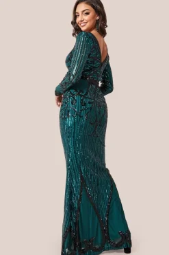 Sequin & Mesh Embroidered Maxi Dress - Emerald by Goddiva