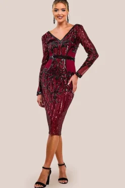 Sequin & Mesh Embroidered Midi Dress - Wine by Goddiva