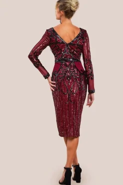Sequin & Mesh Embroidered Midi Dress - Wine by Goddiva