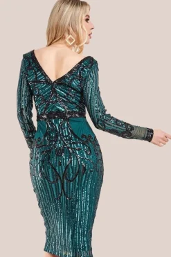 Sequin & Mesh Embroidered Midi Dress - Emerald Green by Goddiva