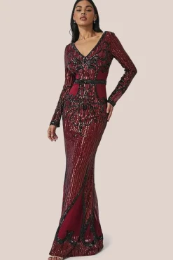 Sequin & Mesh Embroidered Maxi - Wine by Goddiva