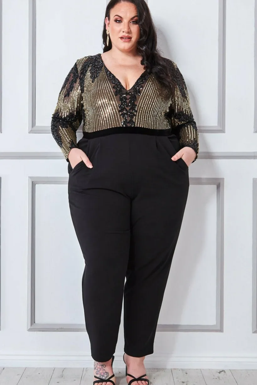 Sequin & Mesh Jumpsuit - Black by Goddiva Plus