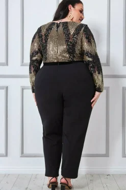 Sequin & Mesh Jumpsuit - Black by Goddiva Plus