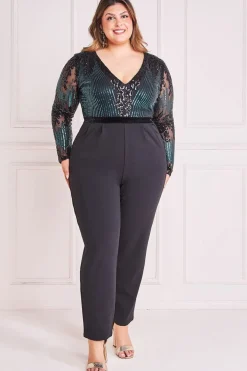 Sequin & Mesh Jumpsuit - Emerald Green by Goddiva Plus