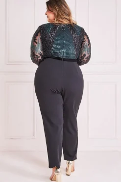 Sequin & Mesh Jumpsuit - Emerald Green by Goddiva Plus