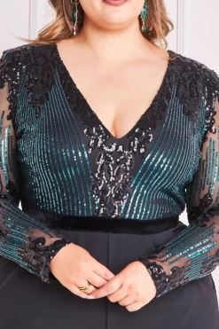 Sequin & Mesh Jumpsuit - Emerald Green by Goddiva Plus