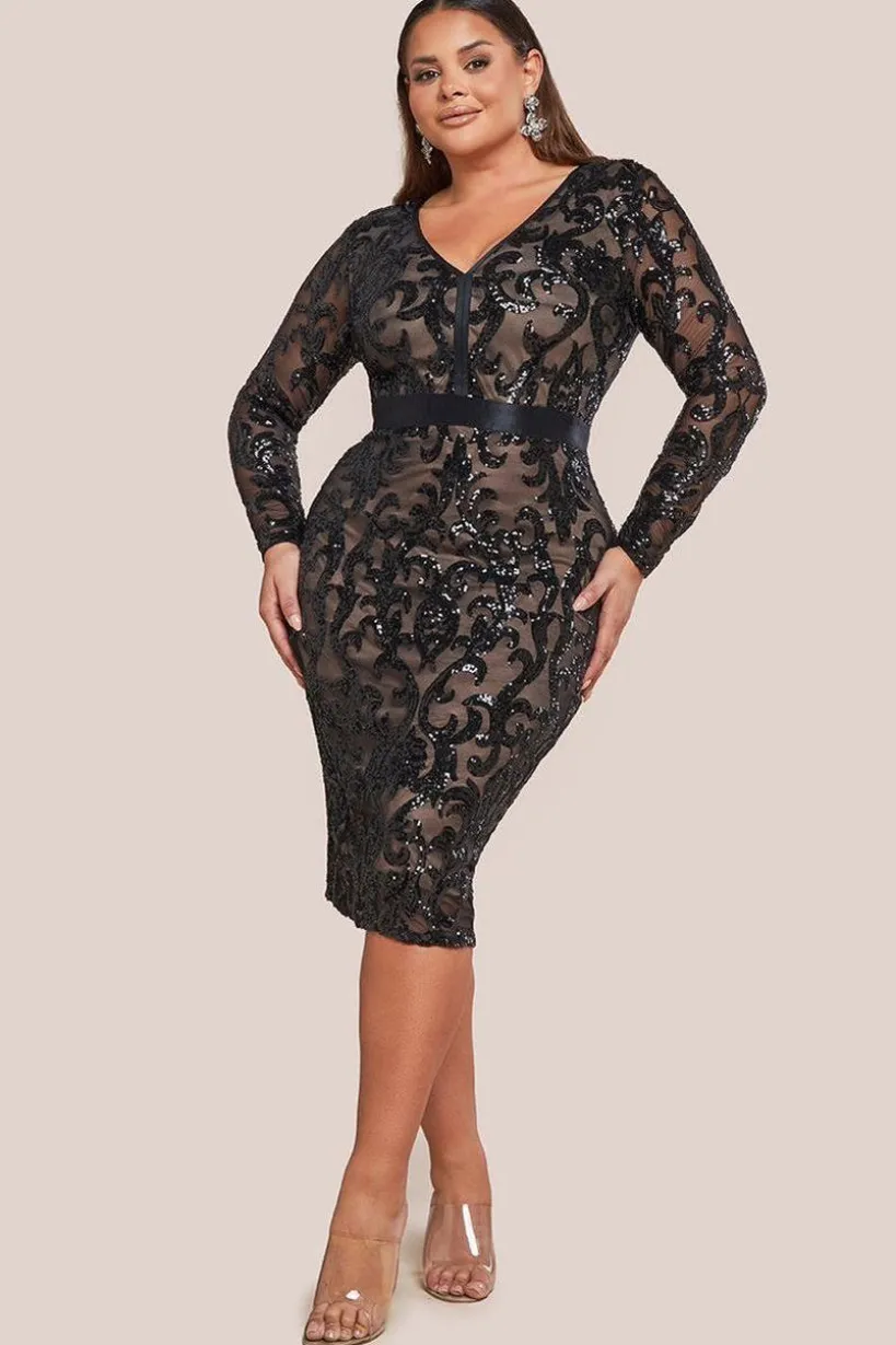 Sequin & Mesh Midi Dress - Black by Goddiva Plus