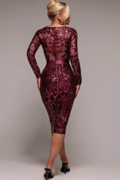 Sequin & Mesh Midi Dress - Burgundy by Goddiva