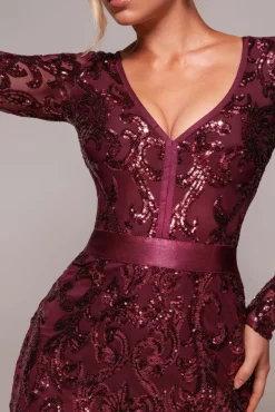 Sequin & Mesh Midi Dress - Burgundy by Goddiva
