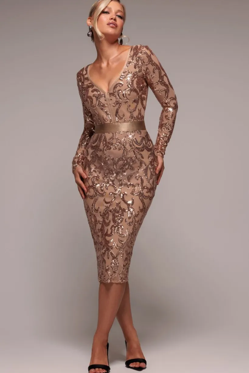 Sequin & Mesh Midi Dress - Champagne by Goddiva