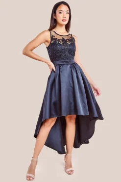 Sequin & Satin Dipped Hem Midi Dress - Black by Goddiva