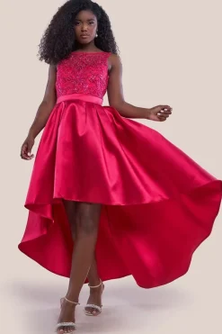 Sequin & Satin Dipped Hem Midi - Hot Pink by Goddiva