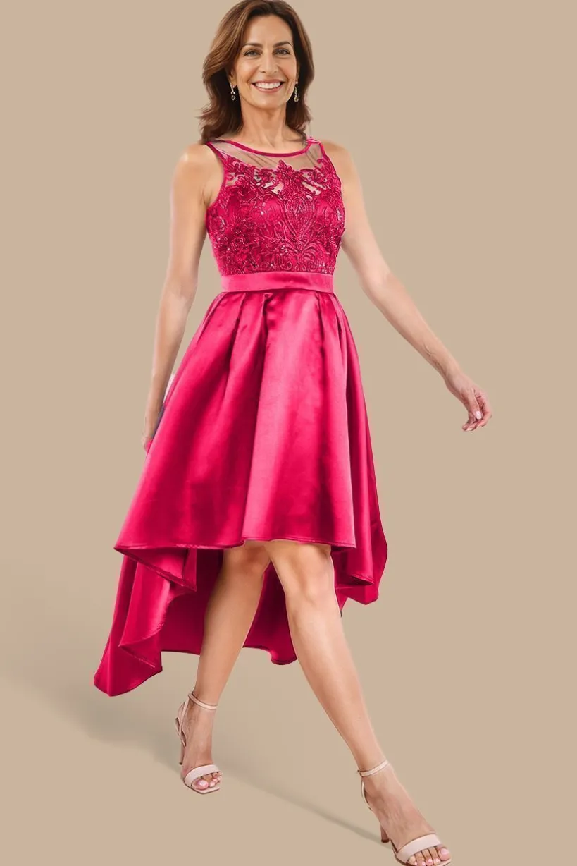 Sequin & Satin Dipped Hem Midi - Hot Pink by Goddiva
