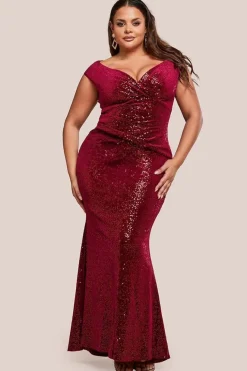 Sequin & Velvet Bardot Maxi Dress - Wine by Goddiva Plus