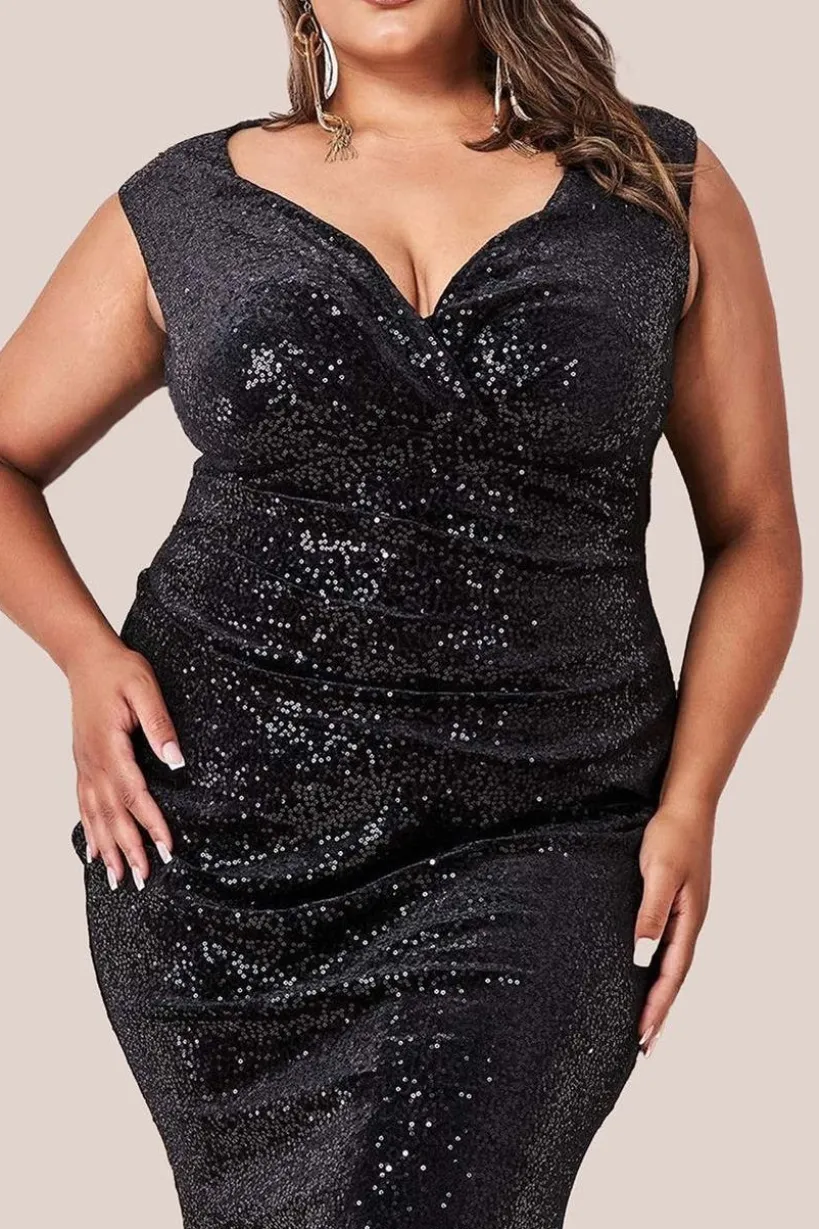 Sequin & Velvet Bardot Maxi Dress - Black by Goddiva Plus