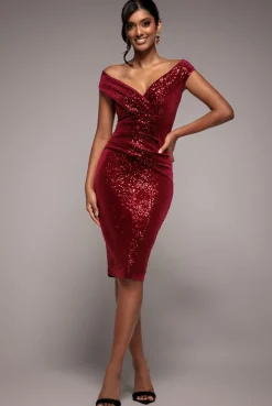 Sequin & Velvet Bardot Midi Dress - Wine by Goddiva