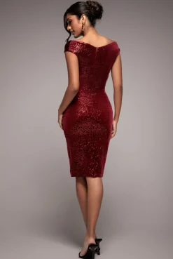 Sequin & Velvet Bardot Midi Dress - Wine by Goddiva