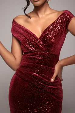 Sequin & Velvet Bardot Midi Dress - Wine by Goddiva