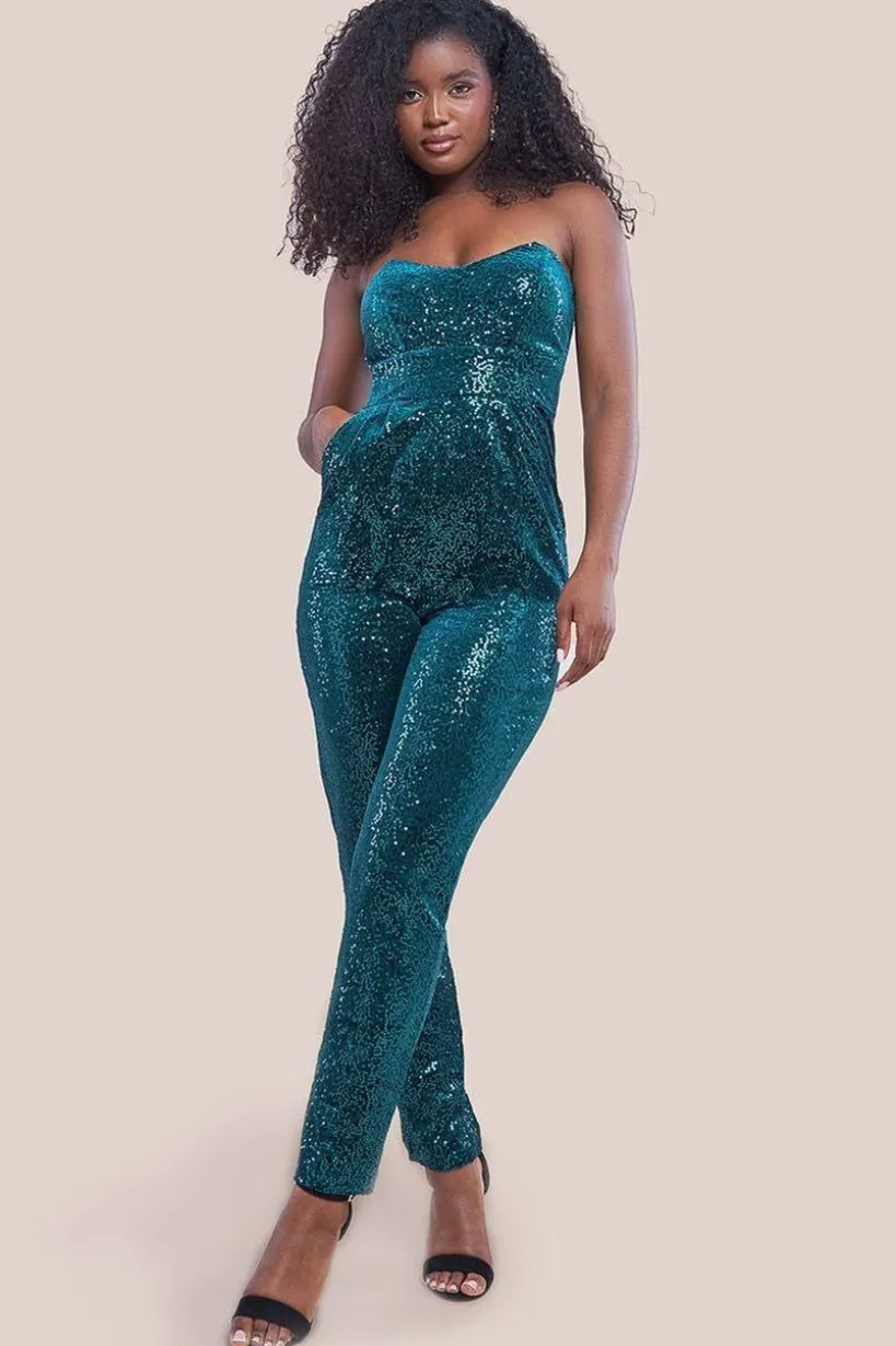 Sequin & Velvet Corset Jumpsuit - Emerald Green by Goddiva