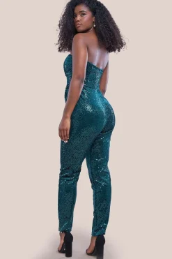 Sequin & Velvet Corset Jumpsuit - Emerald Green by Goddiva