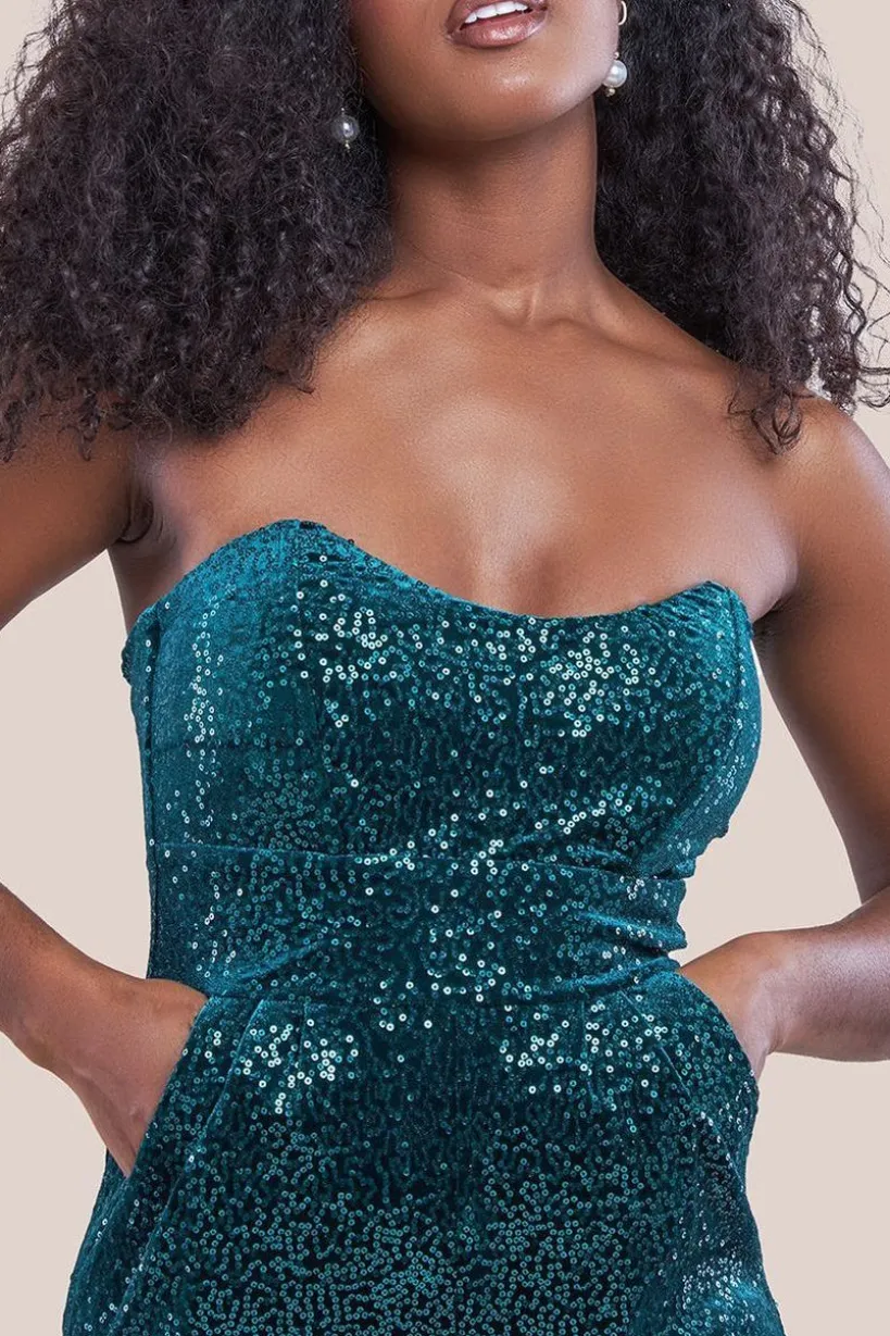 Sequin & Velvet Corset Jumpsuit - Emerald Green by Goddiva