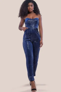 Sequin & Velvet Corset Jumpsuit - Blue by Goddiva