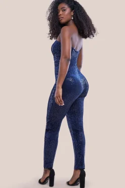 Sequin & Velvet Corset Jumpsuit - Blue by Goddiva