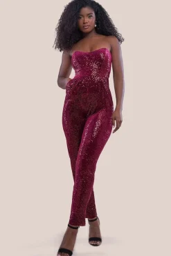 Sequin & Velvet Corset Jumpsuit - Wine by Goddiva