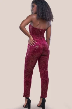Sequin & Velvet Corset Jumpsuit - Wine by Goddiva