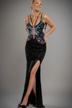 Sequin Butterfly Front Split Maxi Dress - Black by Goddiva