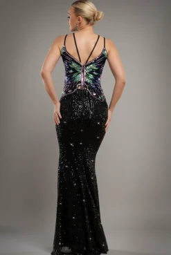 Sequin Butterfly Front Split Maxi Dress - Black by Goddiva